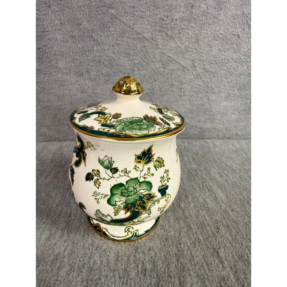 Mason's Ironstone China Mandalay Chartreuse Jam Jelly Jar with Lid Gold Trim